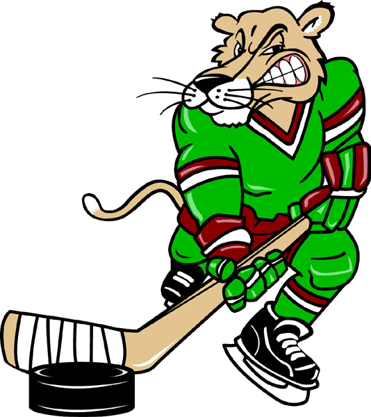 Mountain Lion Hockey player mascot full color vinyl sports sticker. Customize on line. Mnt Lion Hockey